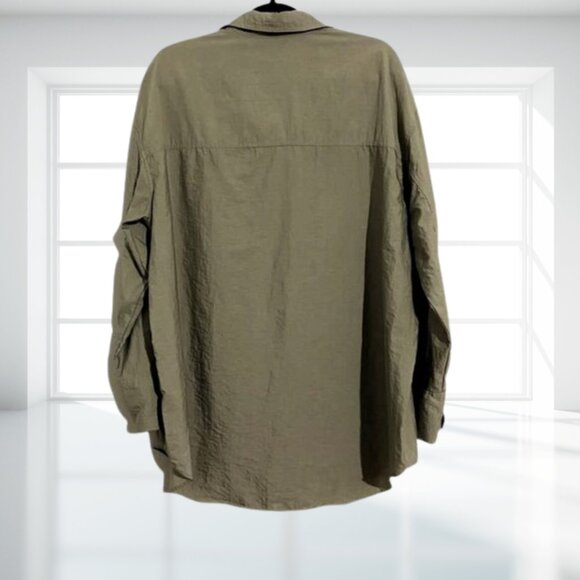 H&M Khaki Long Sleeve Button Down Oversized Collared Shirt With Pockets - Picture 3 of 9